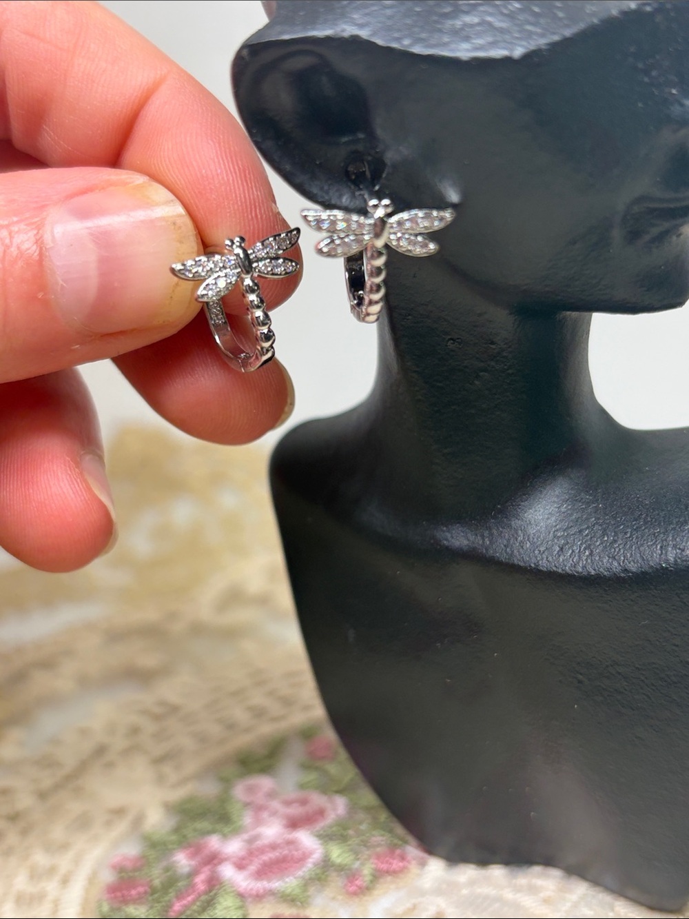 925 Sterling Silver Dragonfly Huggie Earrings w/CZ accents Nature Inspired